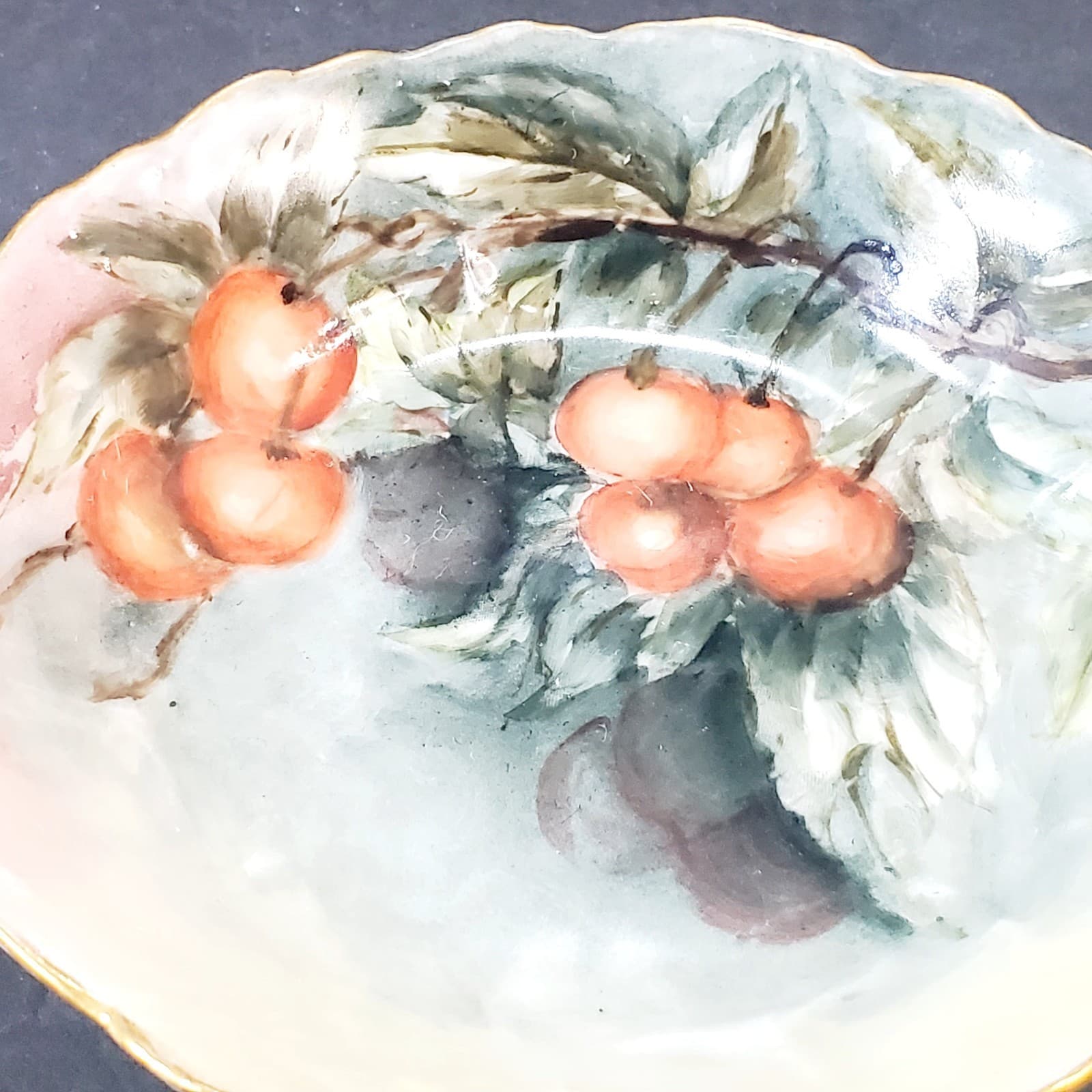 Vtg O & EG Royal Austria Hand Painted Cherries Signed Davis Berry Trinket Bowl - Thumbnail 2