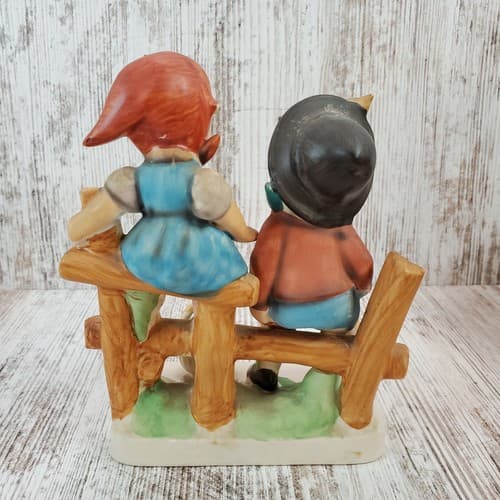 Vintage Japan Figurine Boy & Girl Sitting on Fence w/ Basket Hand Painted Bisque - Thumbnail 3
