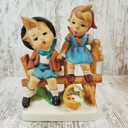 Vintage Japan Figurine Boy & Girl Sitting on Fence w/ Basket Hand Painted Bisque