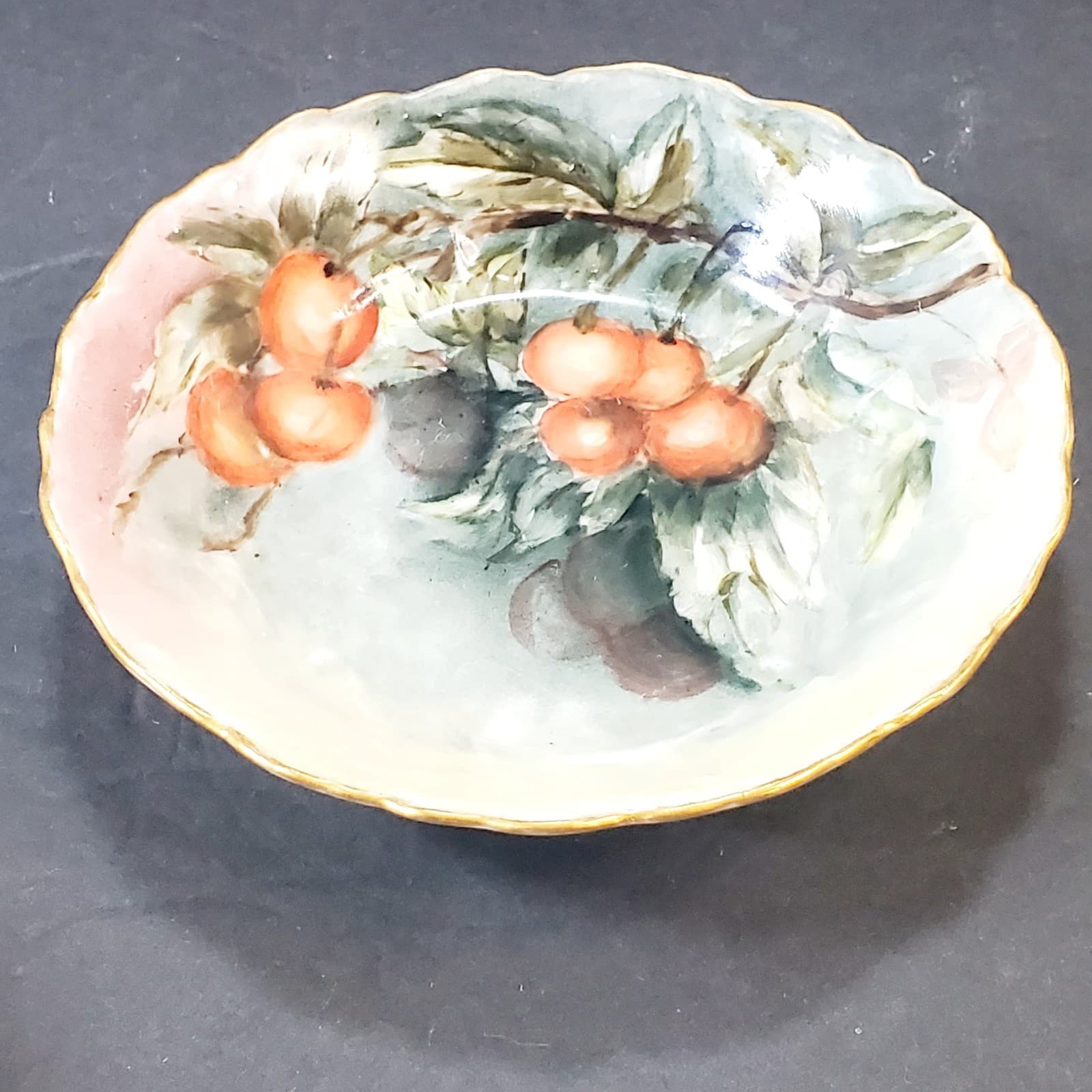 Vtg O & EG Royal Austria Hand Painted Cherries Signed Davis Berry Trinket Bowl - Thumbnail 3