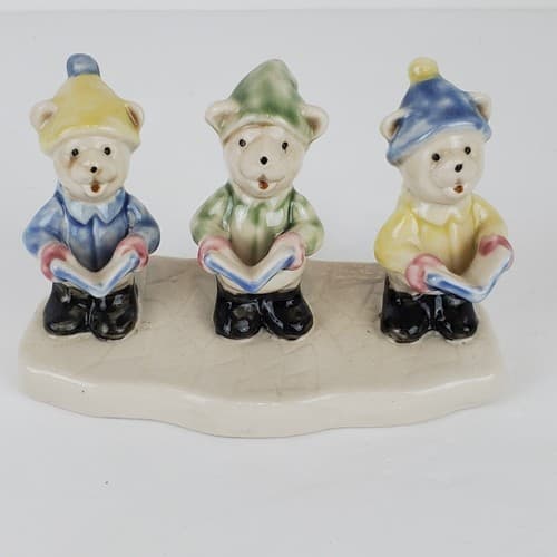 Vintage Ceramic 3 Bears Singing Christmas Carolers Figurine Winter Holiday Decor