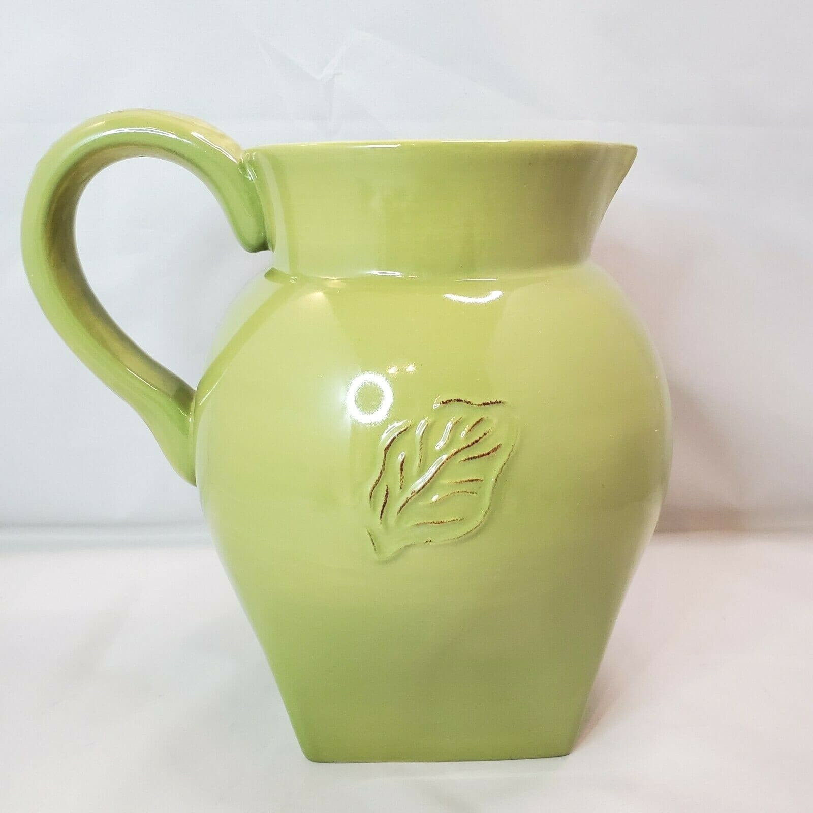 Tastefully Simple Host Collection Olive Green Pitcher Jug Handle Leaf Motif