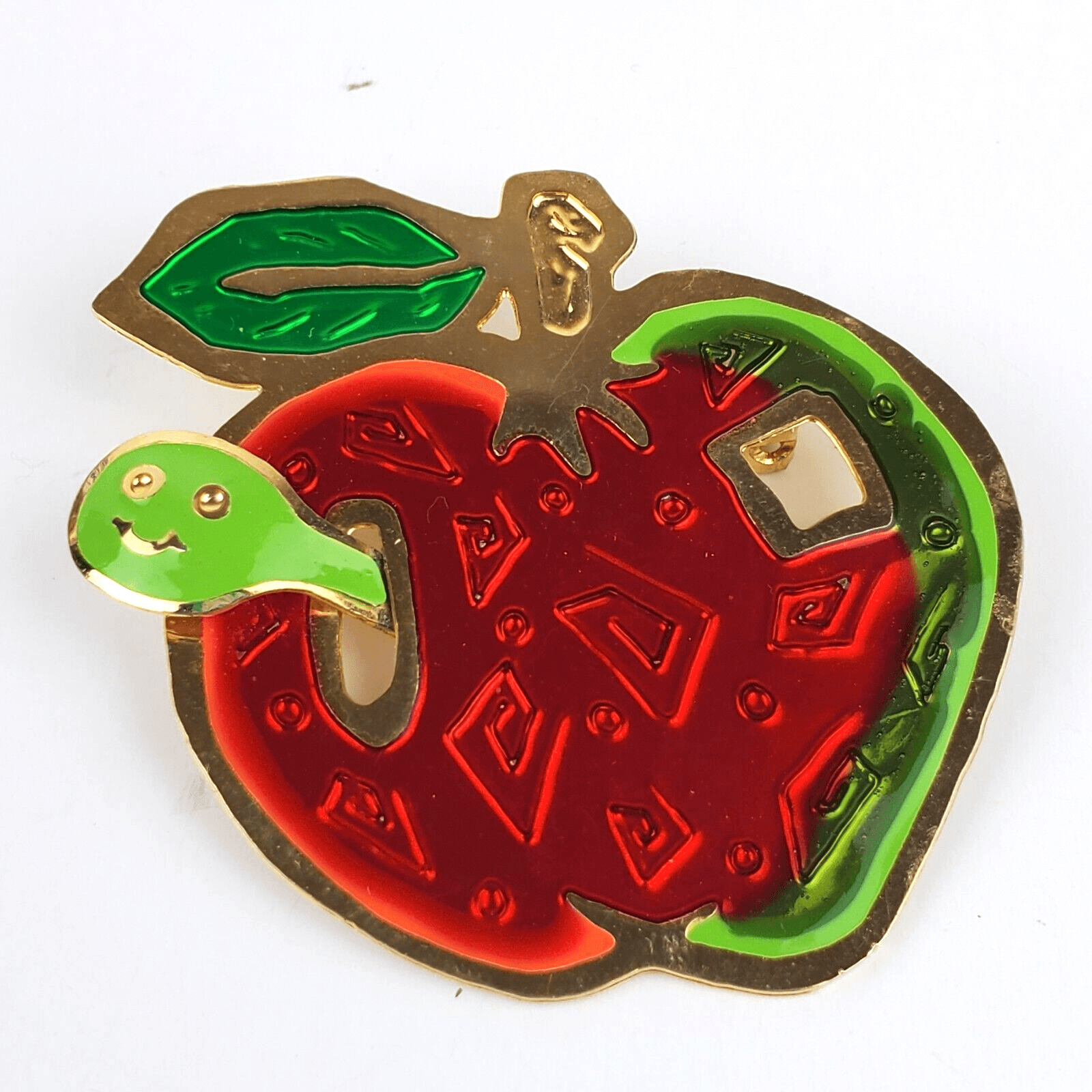 Gold Tone Metal Green Red Enamel Apple with Worm Die Cut Brooch Pin