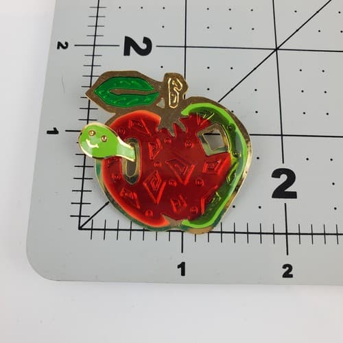 Gold Tone Metal Green Red Enamel Apple with Worm Die Cut Brooch Pin - Thumbnail 3