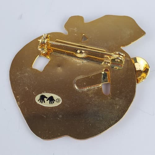 Gold Tone Metal Green Red Enamel Apple with Worm Die Cut Brooch Pin - Thumbnail 2
