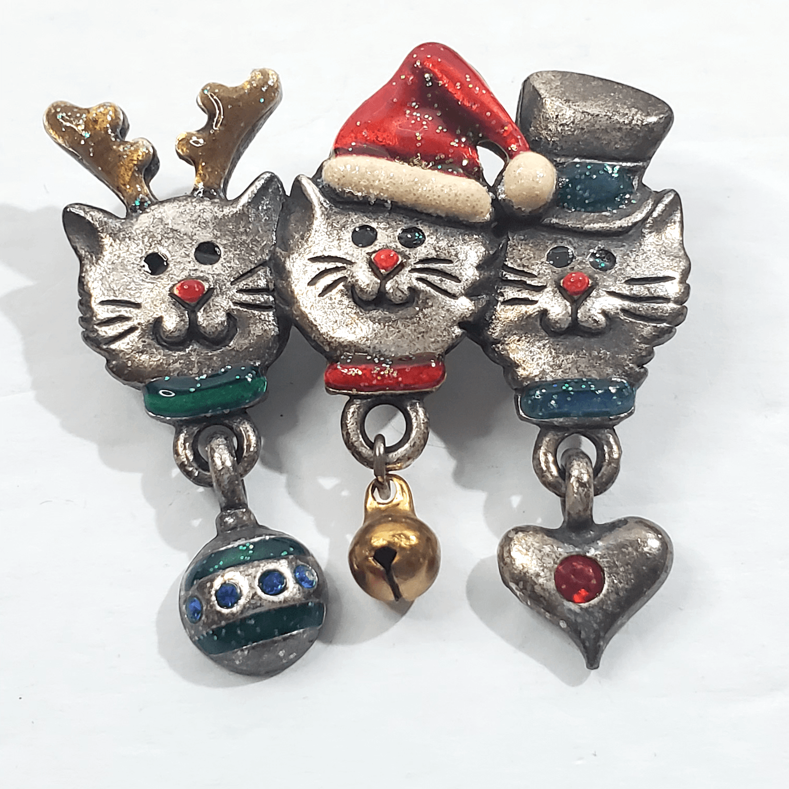 Vtg AJMC Pewter Tone Red Green Enamel Dangle Charms Christmas Cats Brooch Pin