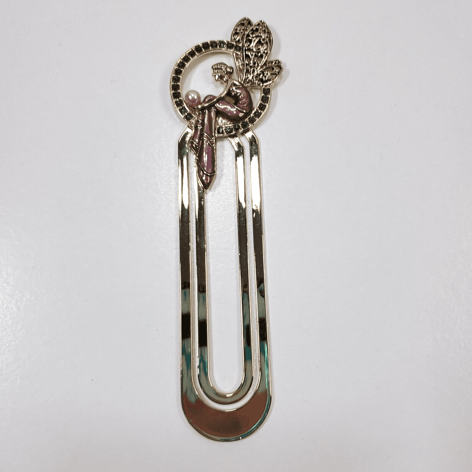 Gold Tone Metal Jeweled Rhinestone Faux Pearl Pink Enamel Fairy Bookmark