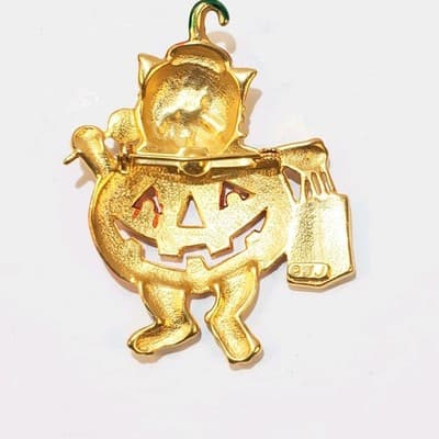 Vintage Signed JJ Jonette Halloween Cat Pumpkin Costume Trick Treat Brooch Pin - Thumbnail 2