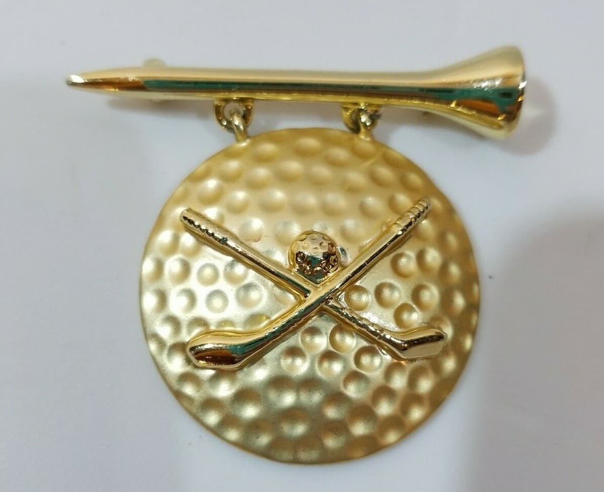 Signed AJC Pin Brooch Large Golf Tee with Golf Ball and Crossed Clubs Goldtone