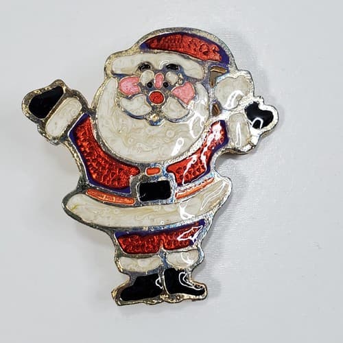 Gold Tone Red White Black Glossy Enamel Santa Claus Christmas Pin Brooch