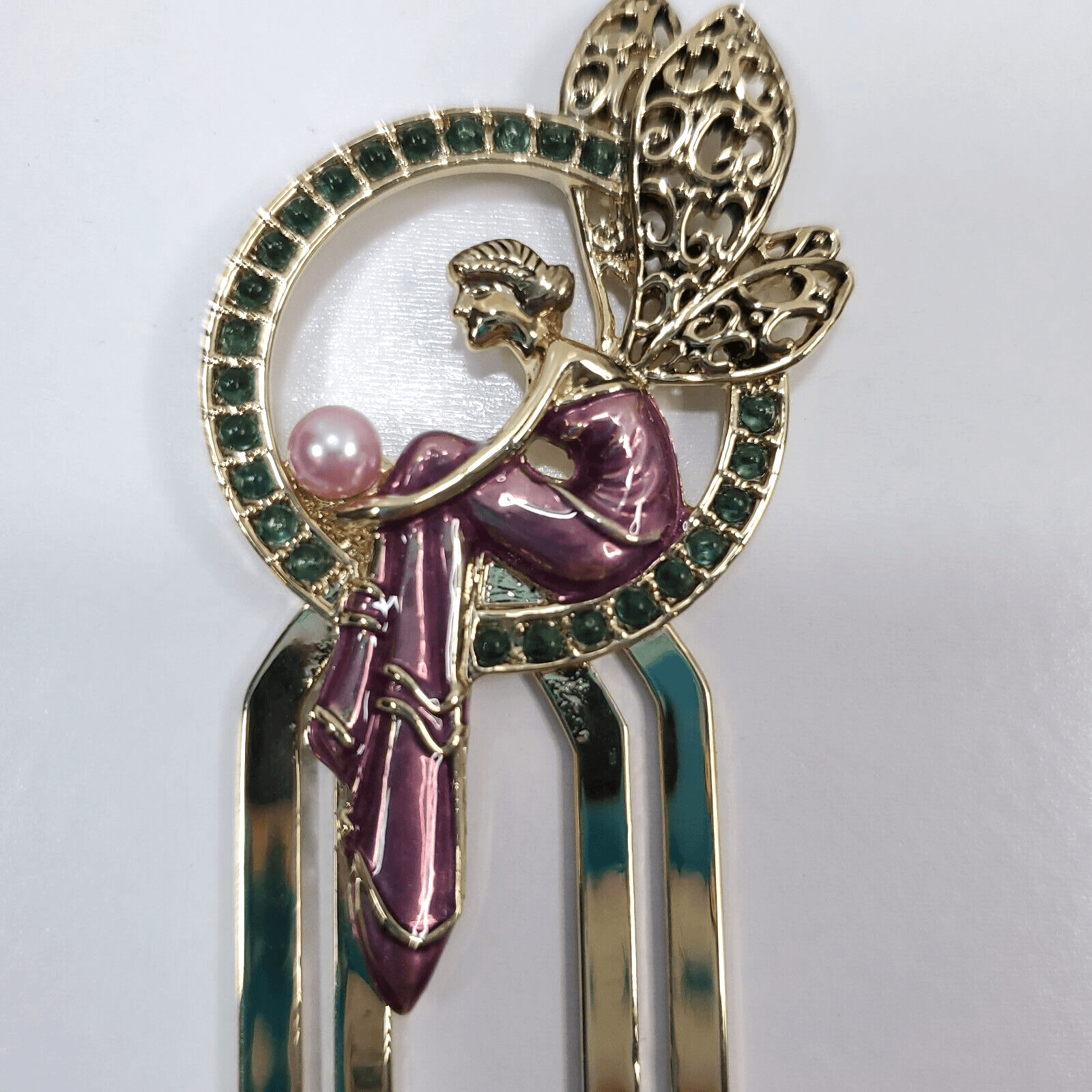 Gold Tone Metal Jeweled Rhinestone Faux Pearl Pink Enamel Fairy Bookmark - Thumbnail 2