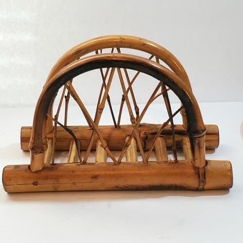 Vintage Bamboo Napkin Holder Boho Rounded Arched Criss Cross Pattern Tiki
