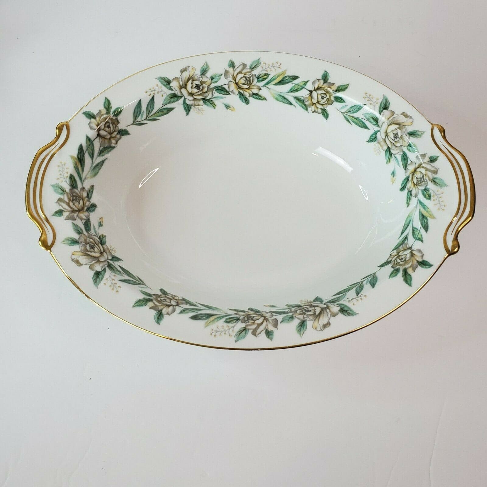 Noritake Japan #520 Alameda Oval Vegetable Serving Bowl White Green Gold Floral