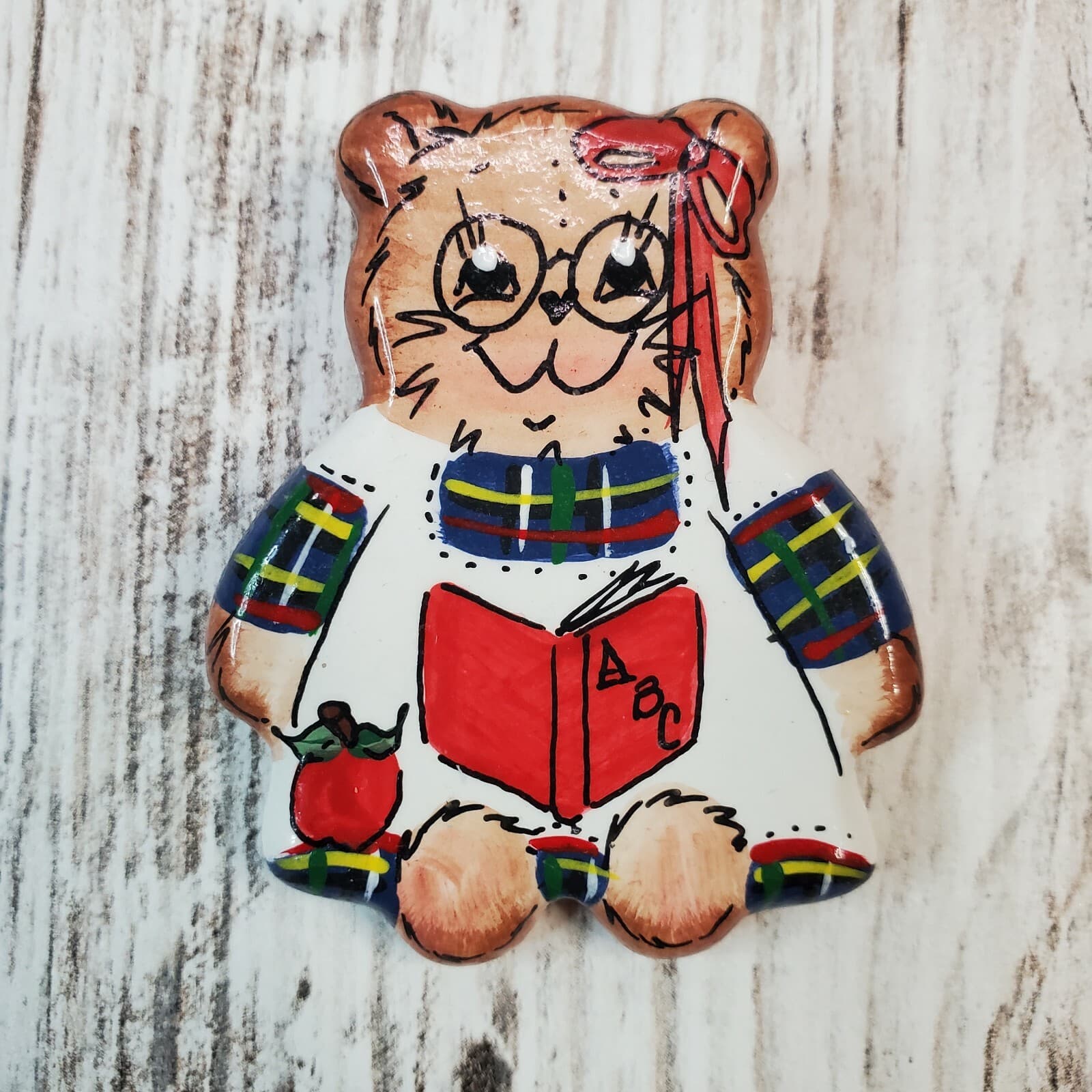 Vtg Teddy Bear Wooden Hand Painted Pin Brooch Teacher School Girl Signed Mary O