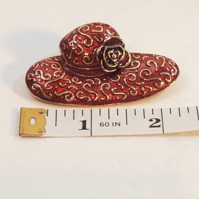 Vintage Signed LC Liz Claiborne Red & Gold Tone Enamel Hat Brooch Pin Flower - Thumbnail 4