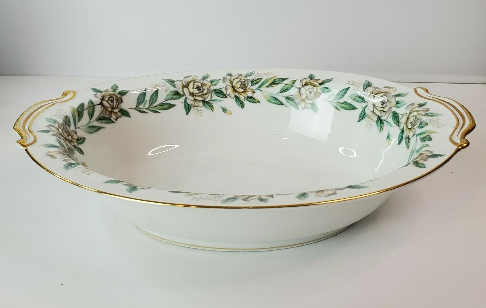 Noritake Japan #520 Alameda Oval Vegetable Serving Bowl White Green Gold Floral - Thumbnail 2