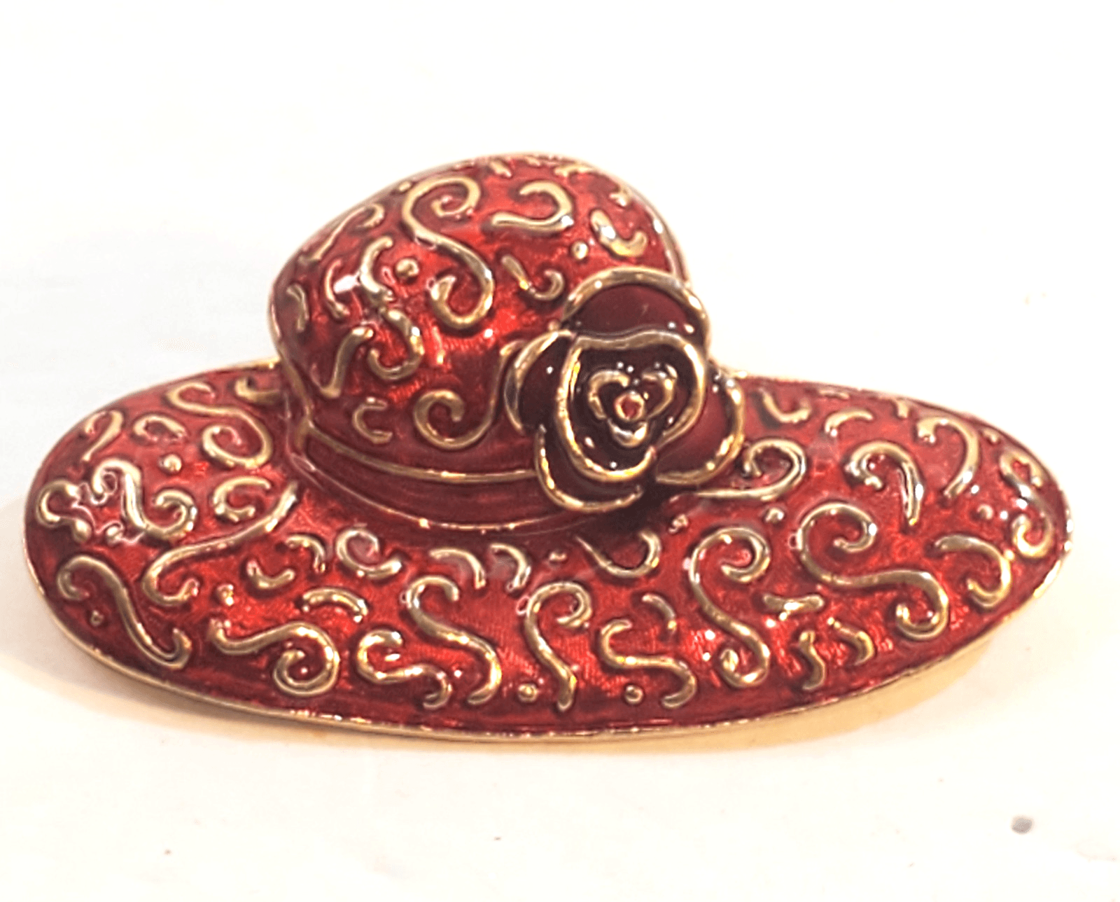 Vintage Signed LC Liz Claiborne Red & Gold Tone Enamel Hat Brooch Pin Flower