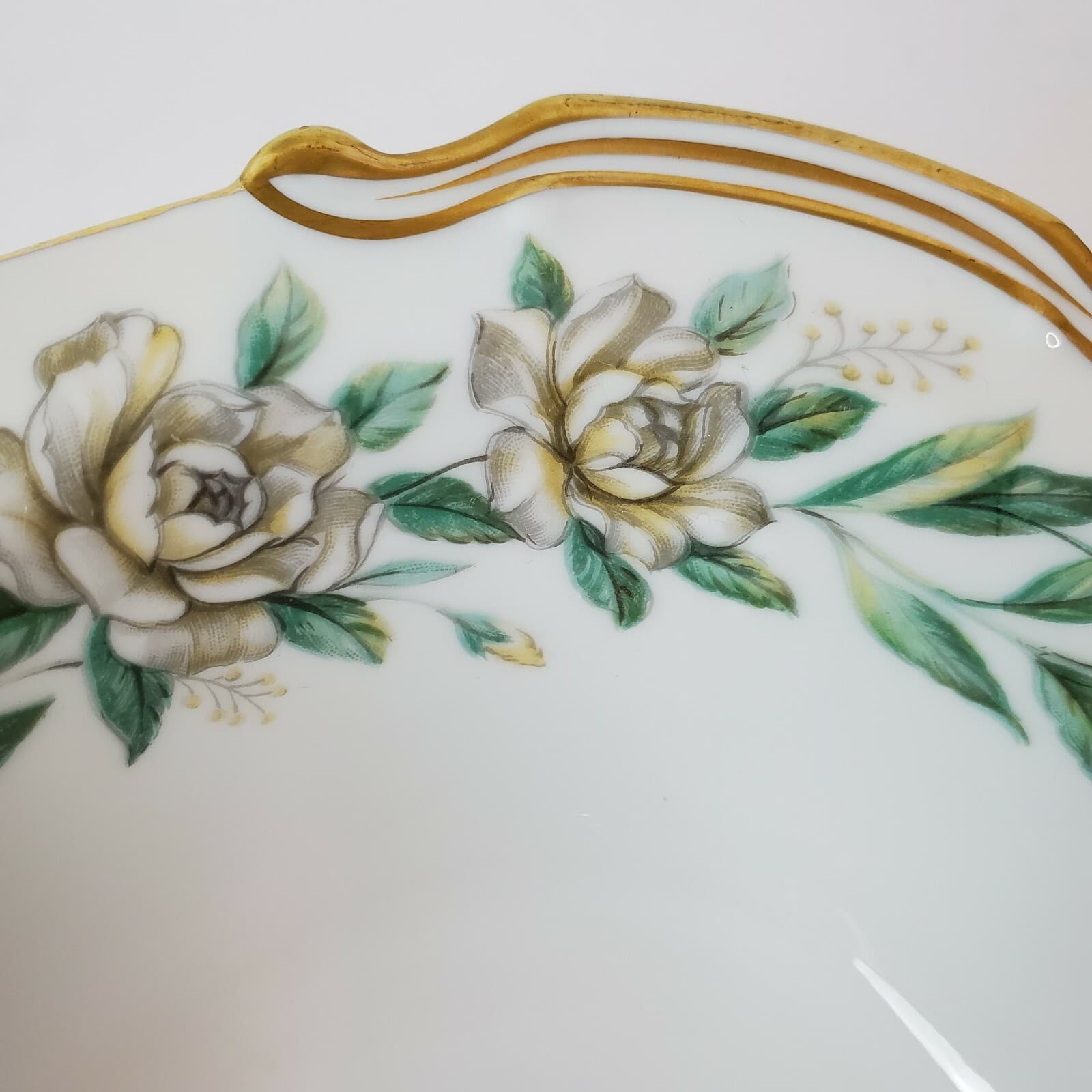 Noritake Japan #520 Alameda Oval Vegetable Serving Bowl White Green Gold Floral - Thumbnail 4