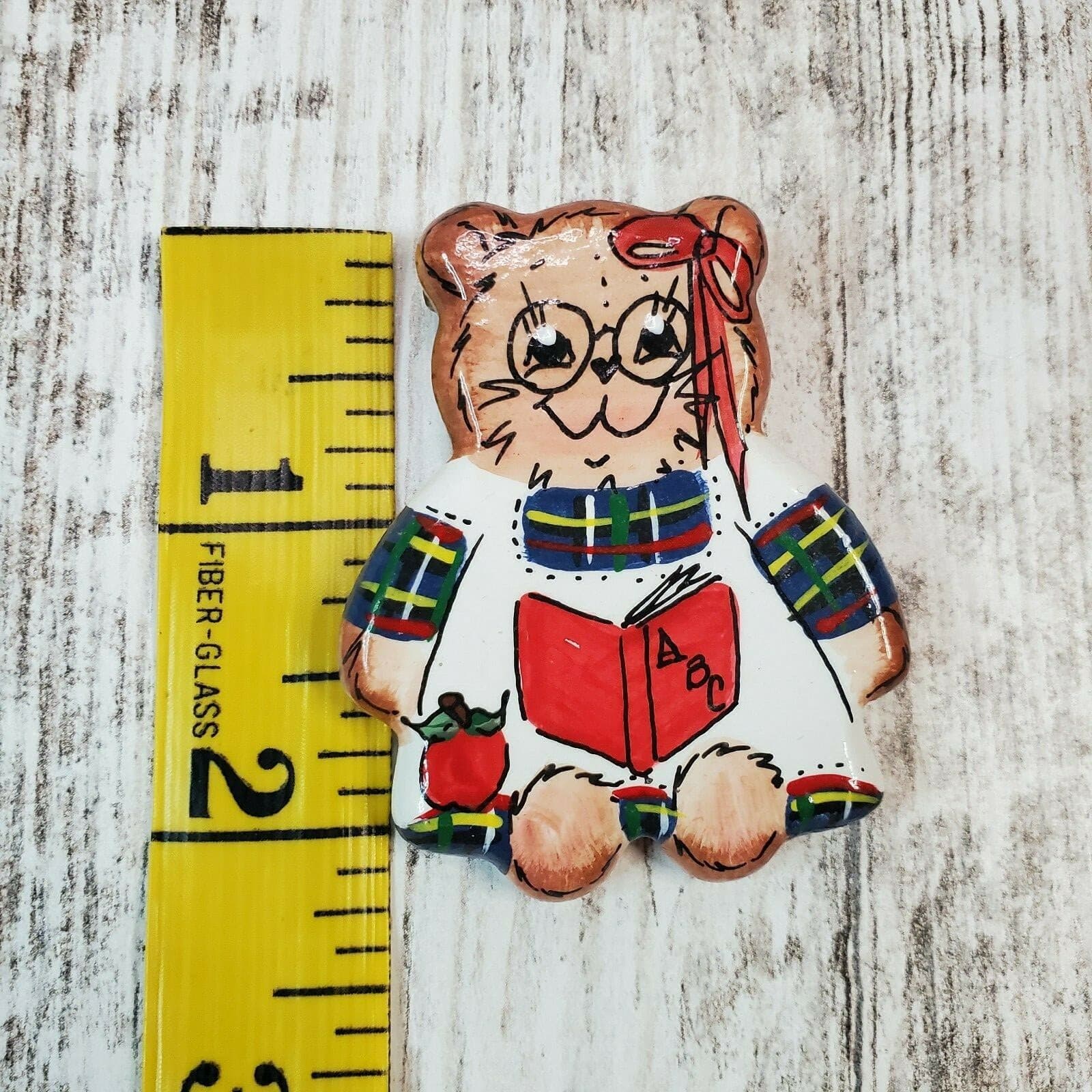 Vtg Teddy Bear Wooden Hand Painted Pin Brooch Teacher School Girl Signed Mary O - Thumbnail 3