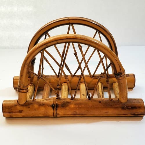 Vintage Bamboo Napkin Holder Boho Rounded Arched Criss Cross Pattern Tiki - Thumbnail 4
