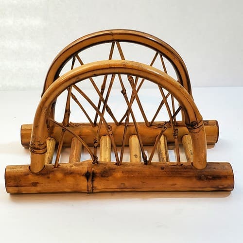 Vintage Bamboo Napkin Holder Boho Rounded Arched Criss Cross Pattern Tiki - Thumbnail 3