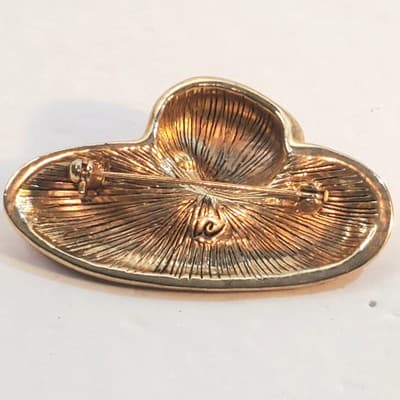 Vintage Signed LC Liz Claiborne Red & Gold Tone Enamel Hat Brooch Pin Flower - Thumbnail 2