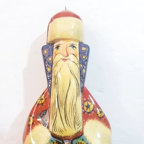 Vtg Signed Hand Painted Russian ? Santa Wooden Claus Christmas Ornament 3.25" - Thumbnail 3