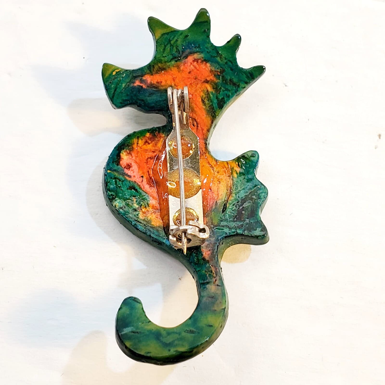 Artisan Multicolor Abstract Resin Seahorse Brooch Pin Marine Jewelry - Thumbnail 2