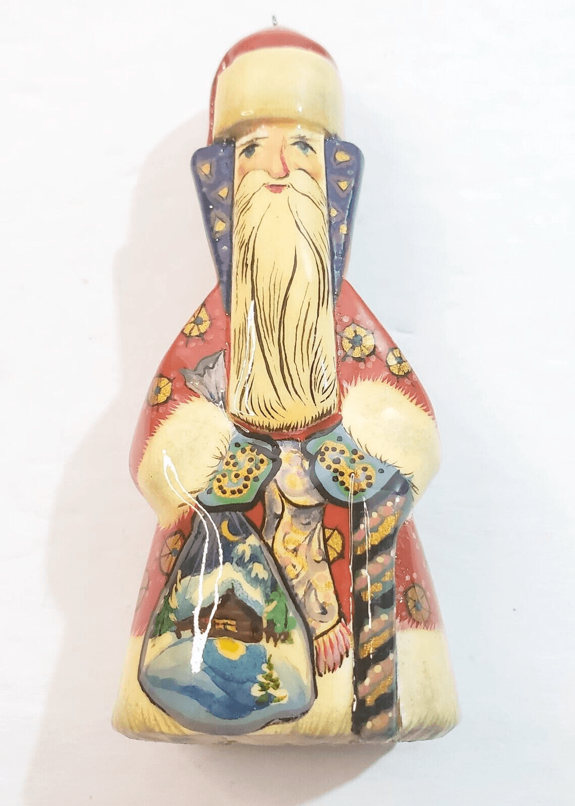 Vtg Signed Hand Painted Russian ? Santa Wooden Claus Christmas Ornament 3.25"