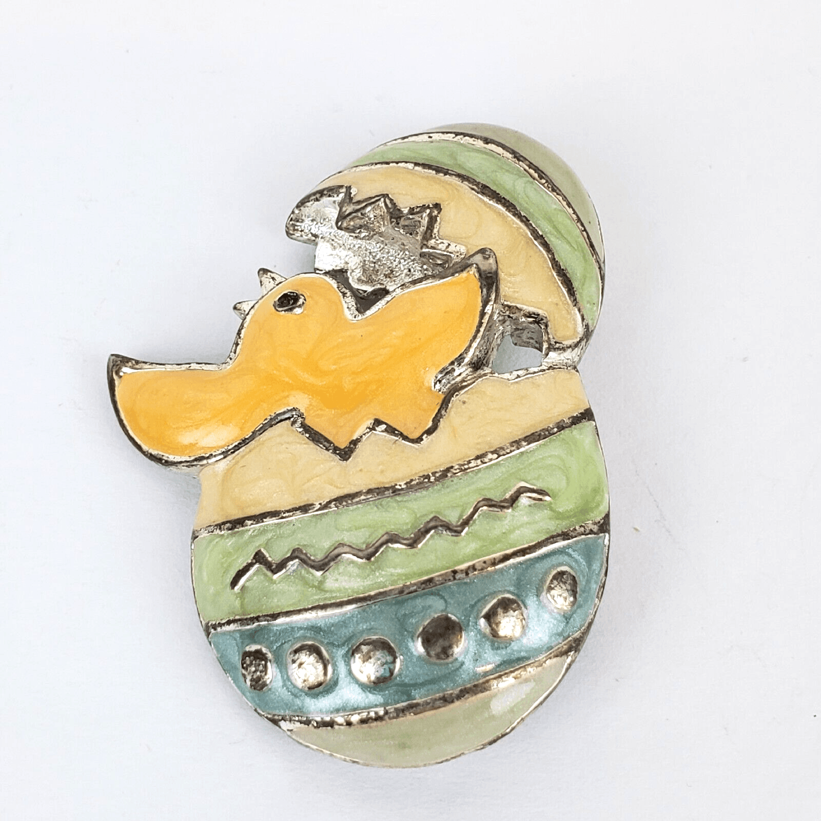 Vintage Multicolored Pastel Enamel Silver Tone Easter Egg Chick Hatching Brooch