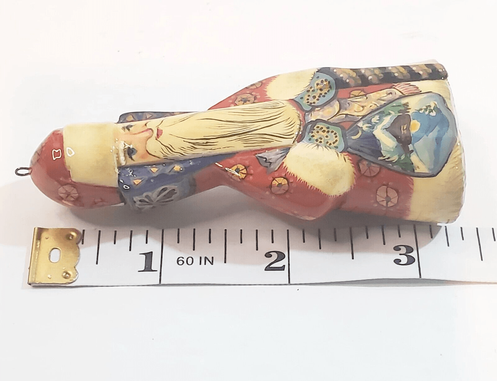 Vtg Signed Hand Painted Russian ? Santa Wooden Claus Christmas Ornament 3.25" - Thumbnail 6