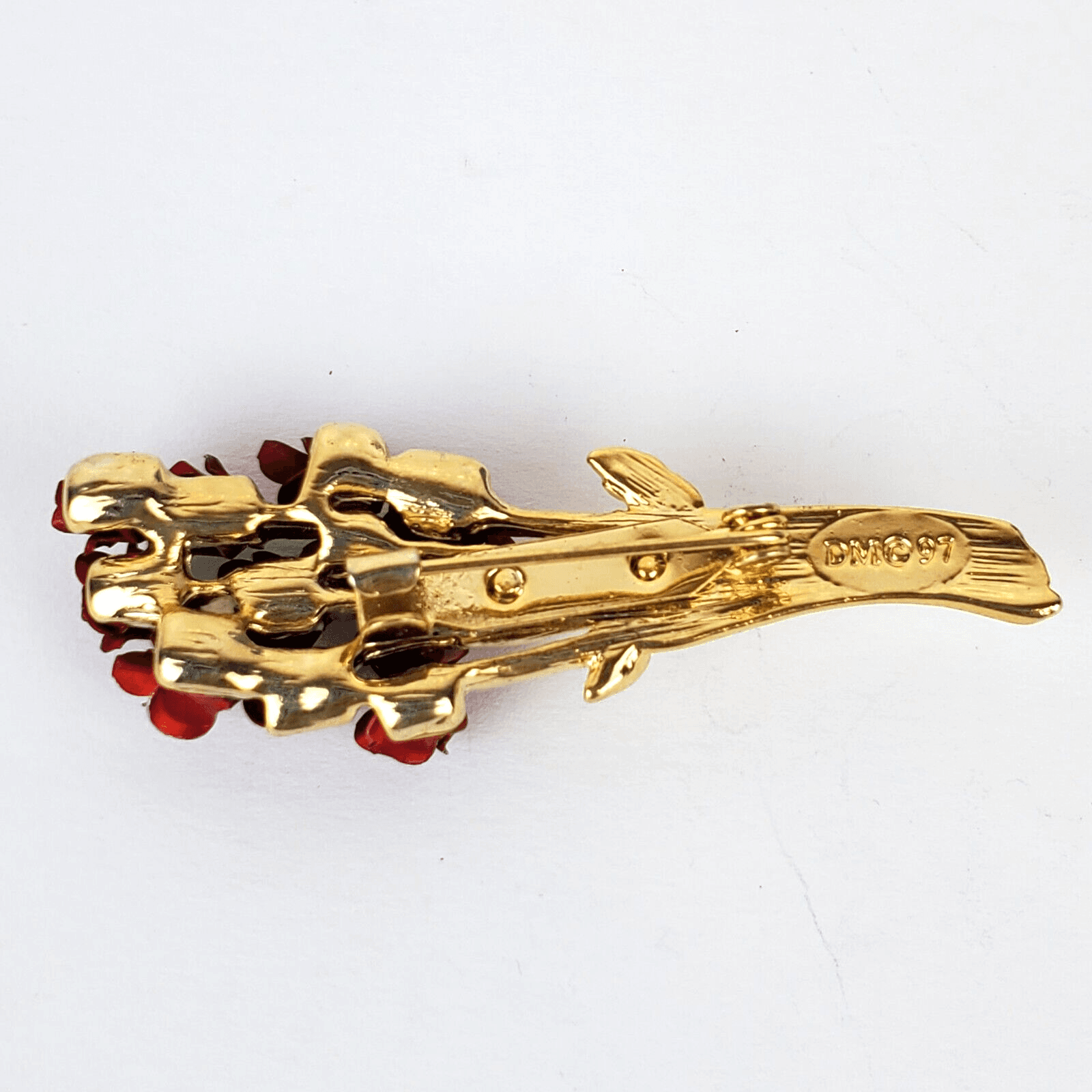 Vintage DM 97 Gold Tone Metal Red Enamel Dozen Long Stem Roses Brooch Pin - Thumbnail 2