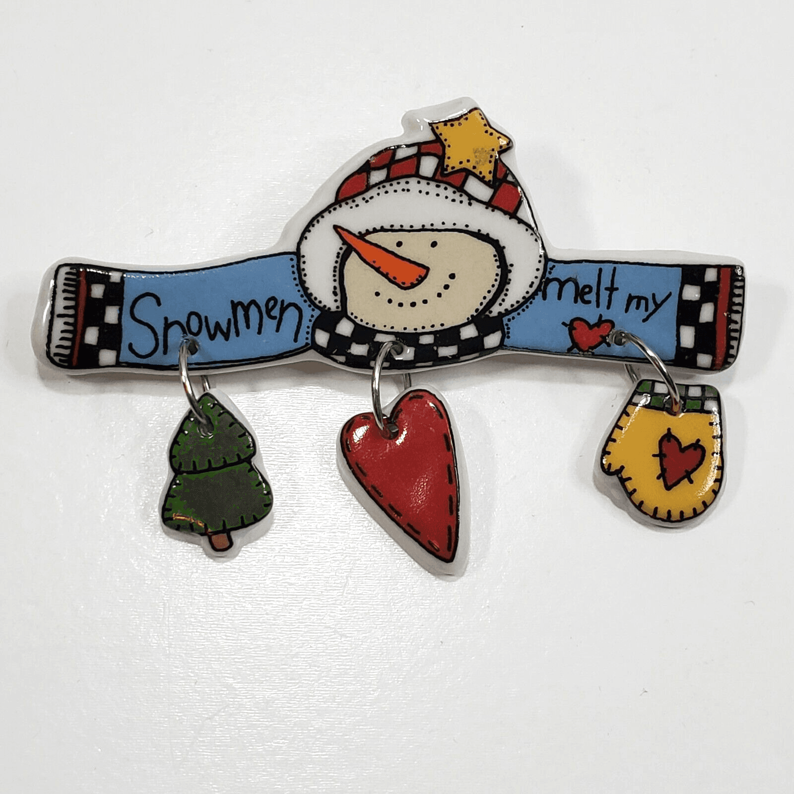 Vintage Ceramic Snowmen Melt My Heart Dangle Christmas Holiday Brooch Pin