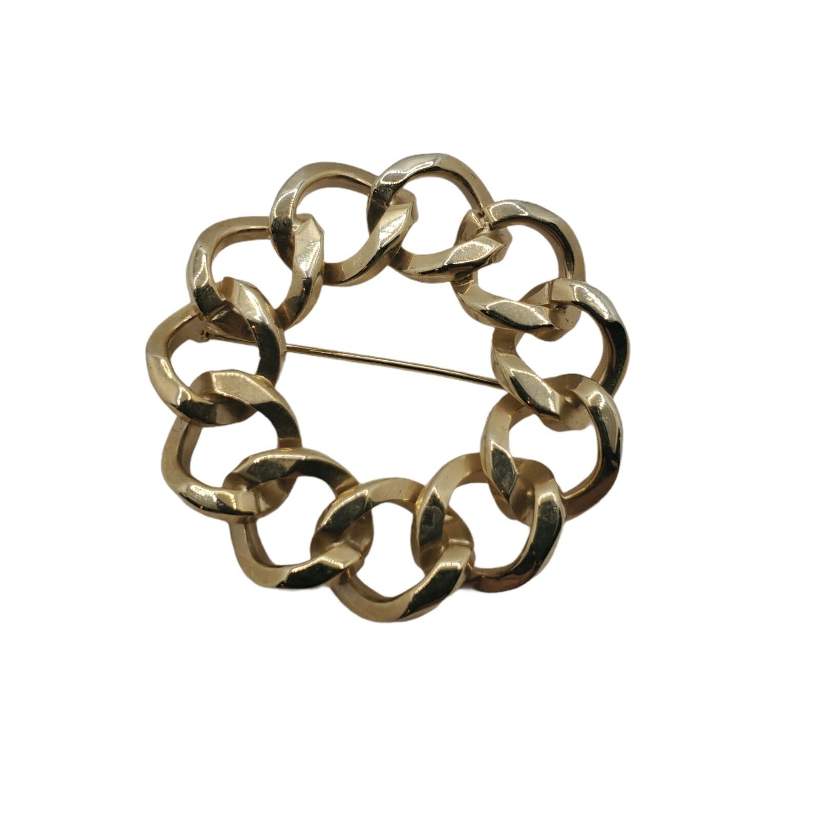 Vintage Round Gold Tone Chain Link Circle Wreath Brooch Pin Costume Jewelry