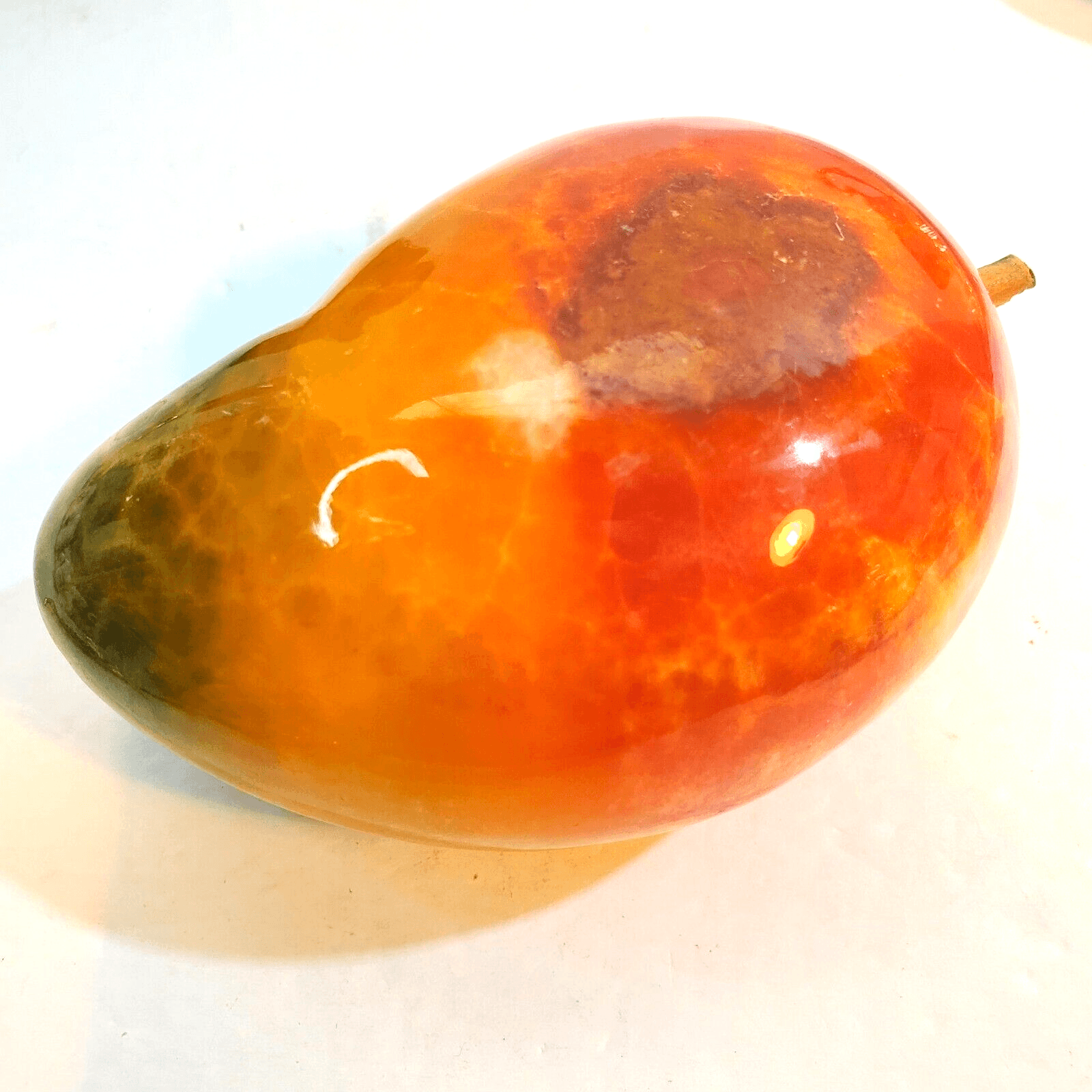 Vintage Alabaster Stone Papaya Fruit with Wood Stem Paperweight Decor 1 LB