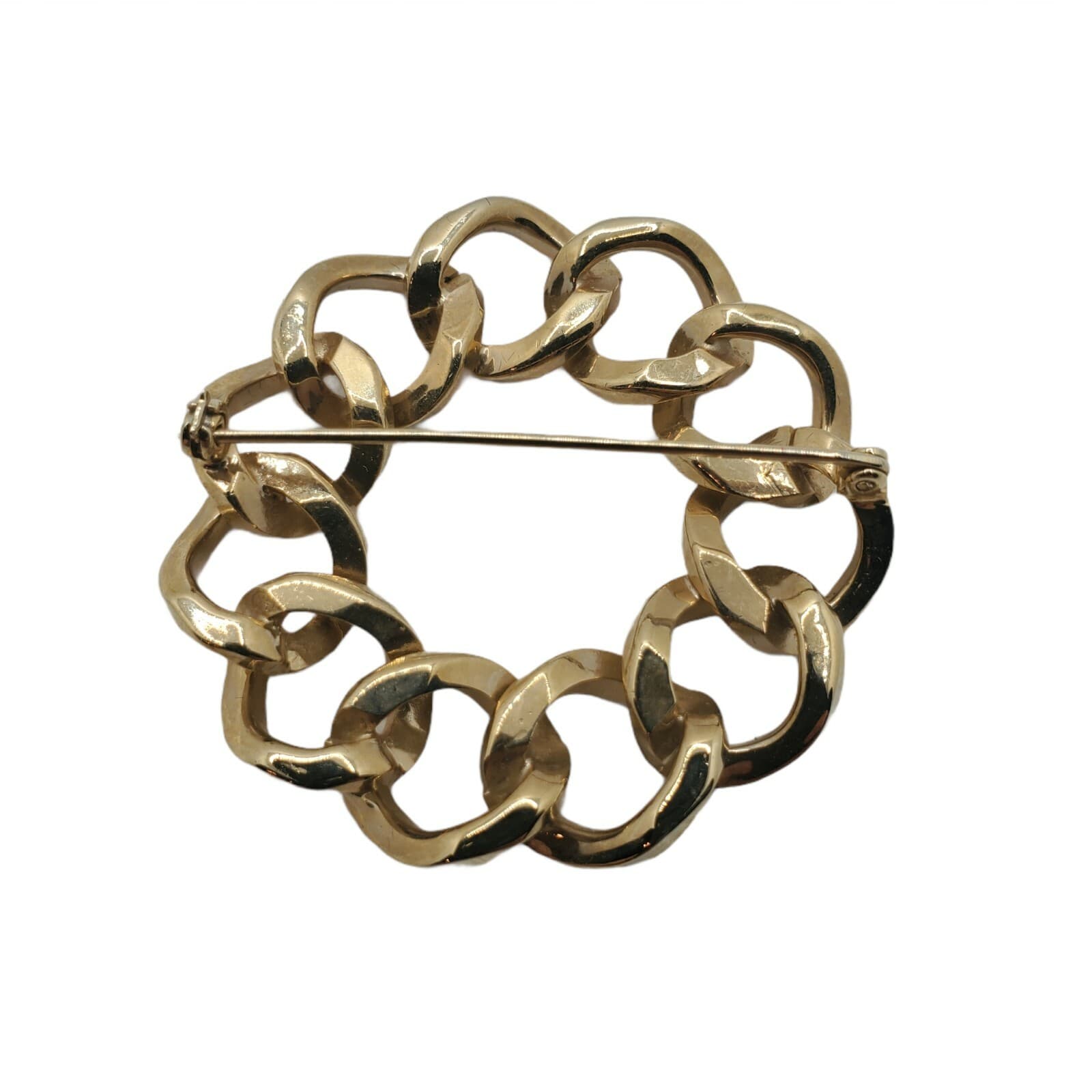 Vintage Round Gold Tone Chain Link Circle Wreath Brooch Pin Costume Jewelry - Thumbnail 2