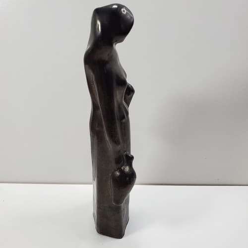 Vintage Redware Woman Carrying Jug Pottery Figurine Statue Black Glaze Hollow - Thumbnail 6