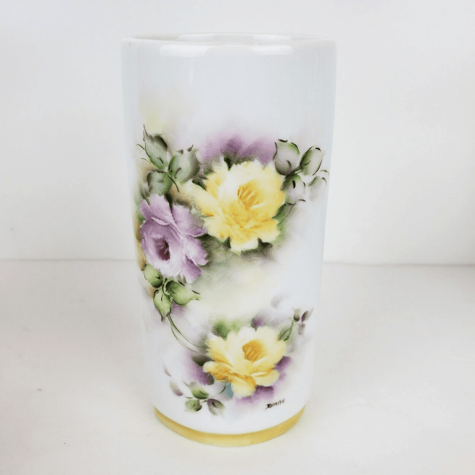 Gerold Porzellan Bavaria Porcelain Mini Bud Vase Germany Purple Yellow Floral 5"