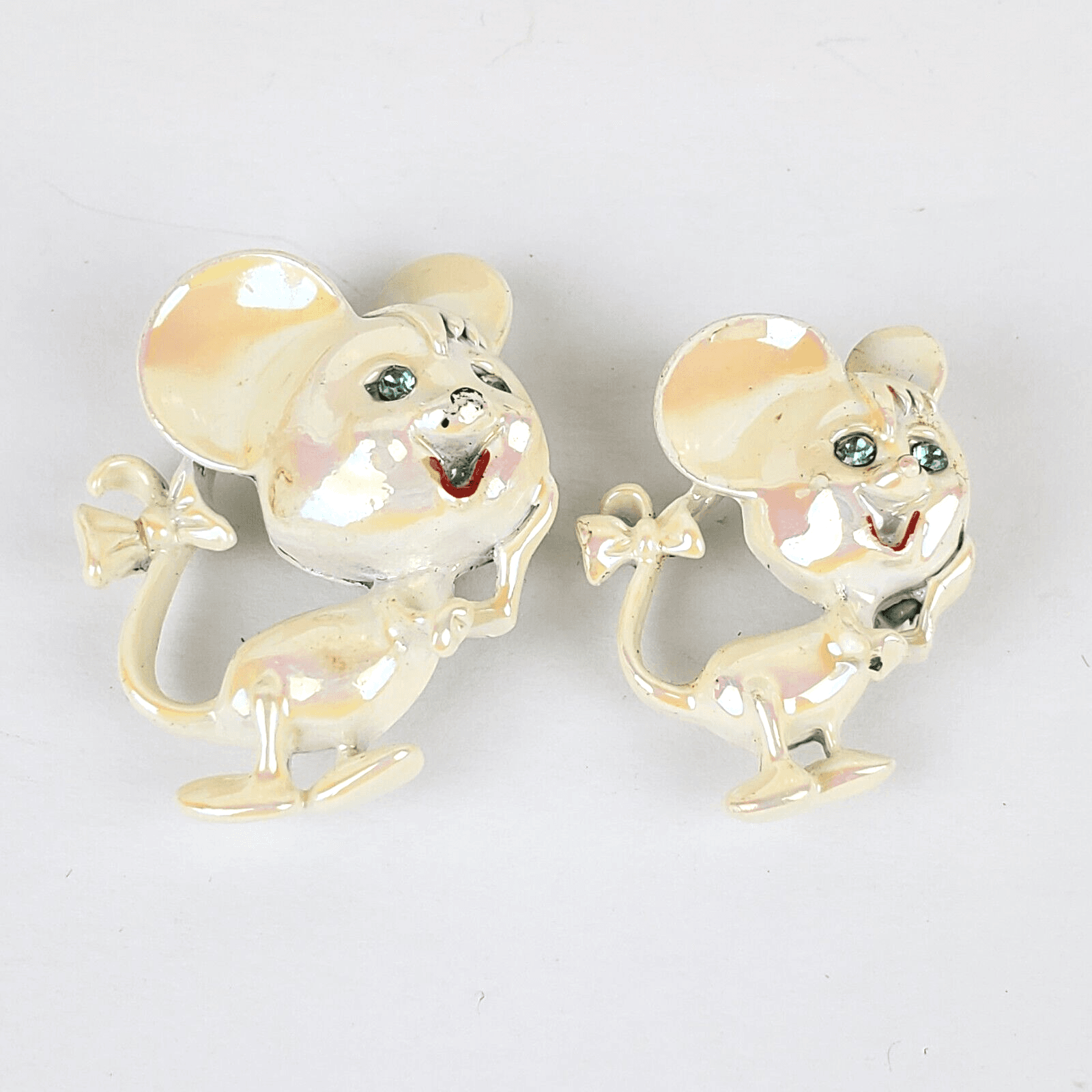 Vintage Pair of White Metal Enamel Rhinestone Mice with Bows on Tails Brooch Pin