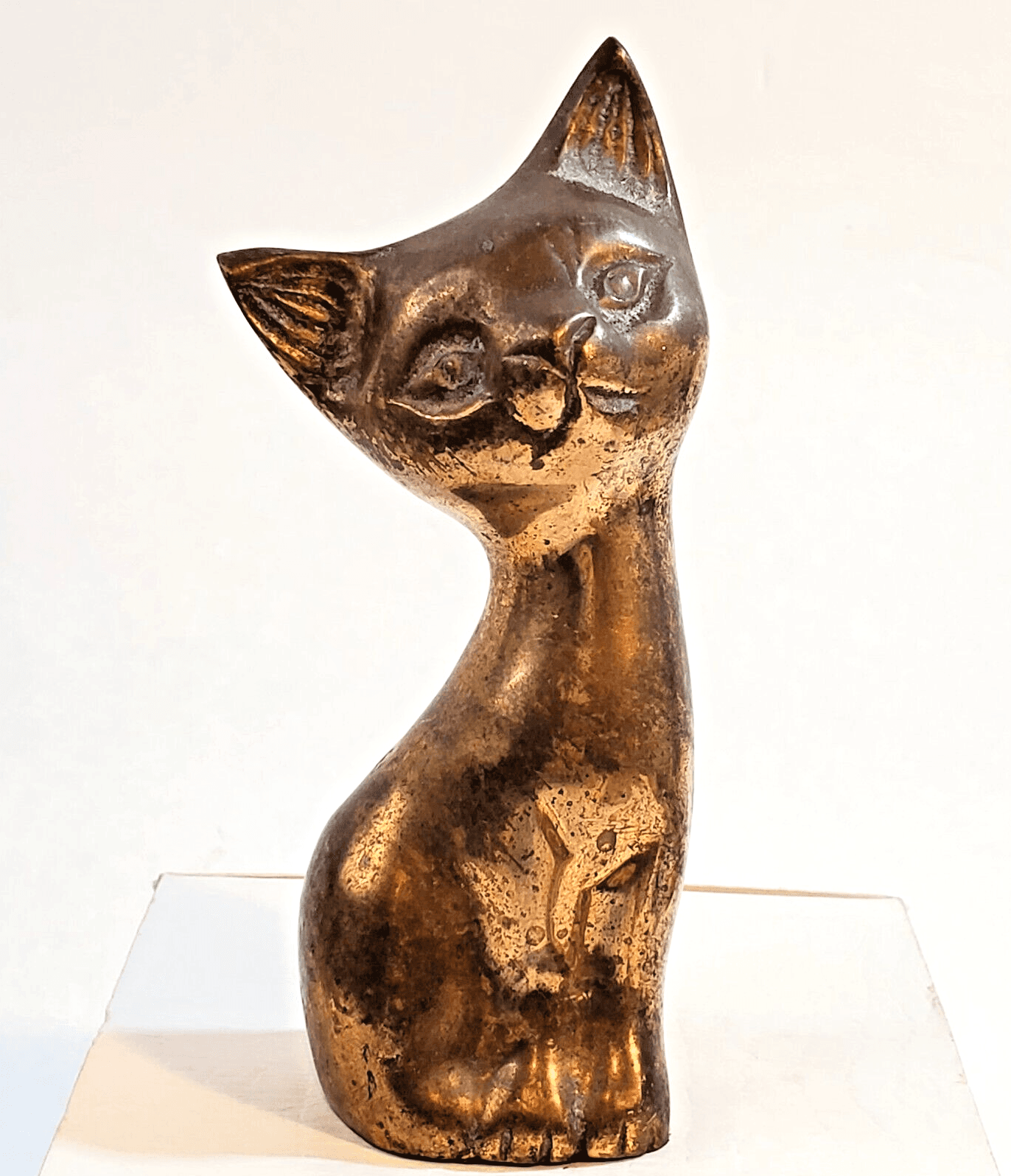 Vintage Brass Kitten Cat Kitty Sitting MCM Figurine 4.5" Tall TARNISHED PATINA