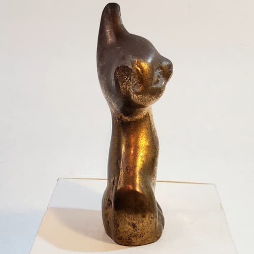 Vintage Brass Kitten Cat Kitty Sitting MCM Figurine 4.5" Tall TARNISHED PATINA - Thumbnail 2