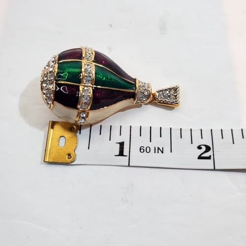 Vintage Gold Tone Metal Enamel Clear Rhinestones Hot Air Balloon Brooch Pin - Thumbnail 3
