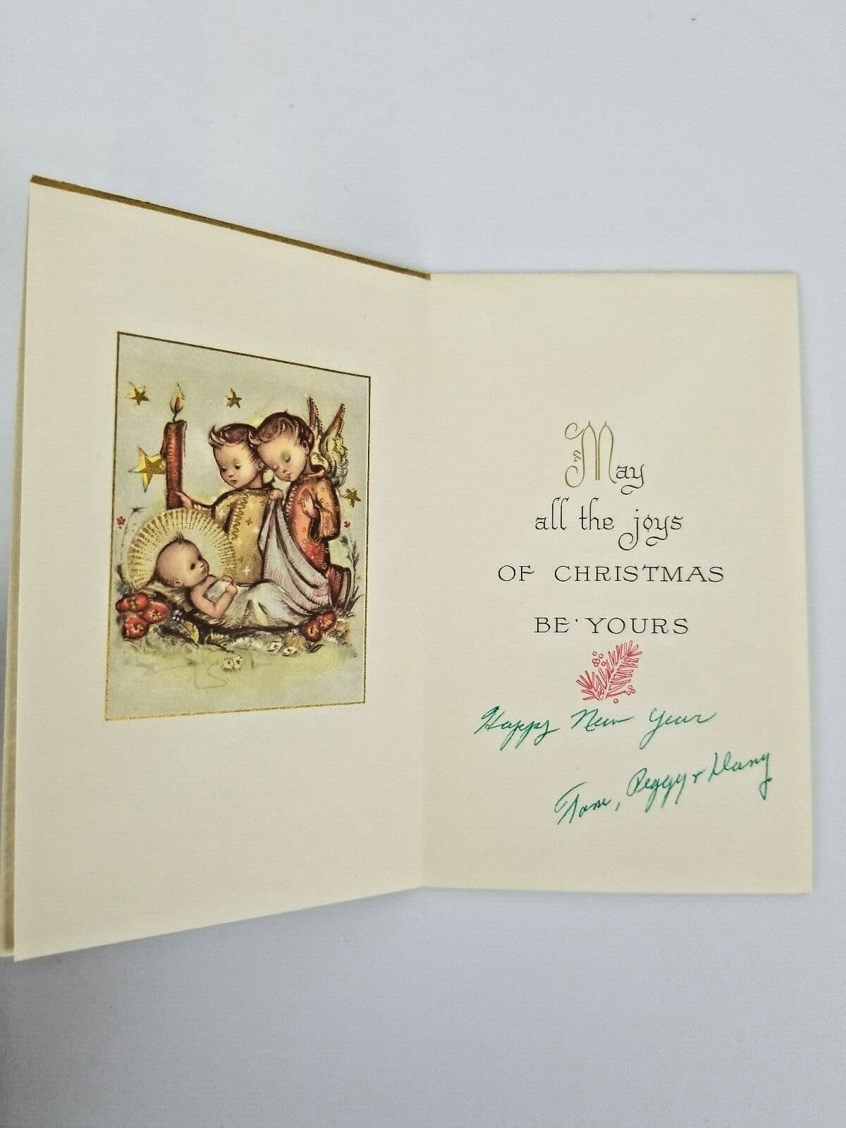 Vintage Christmas Card Angel Lighting Candle Praying over Baby Jesus - Thumbnail 2