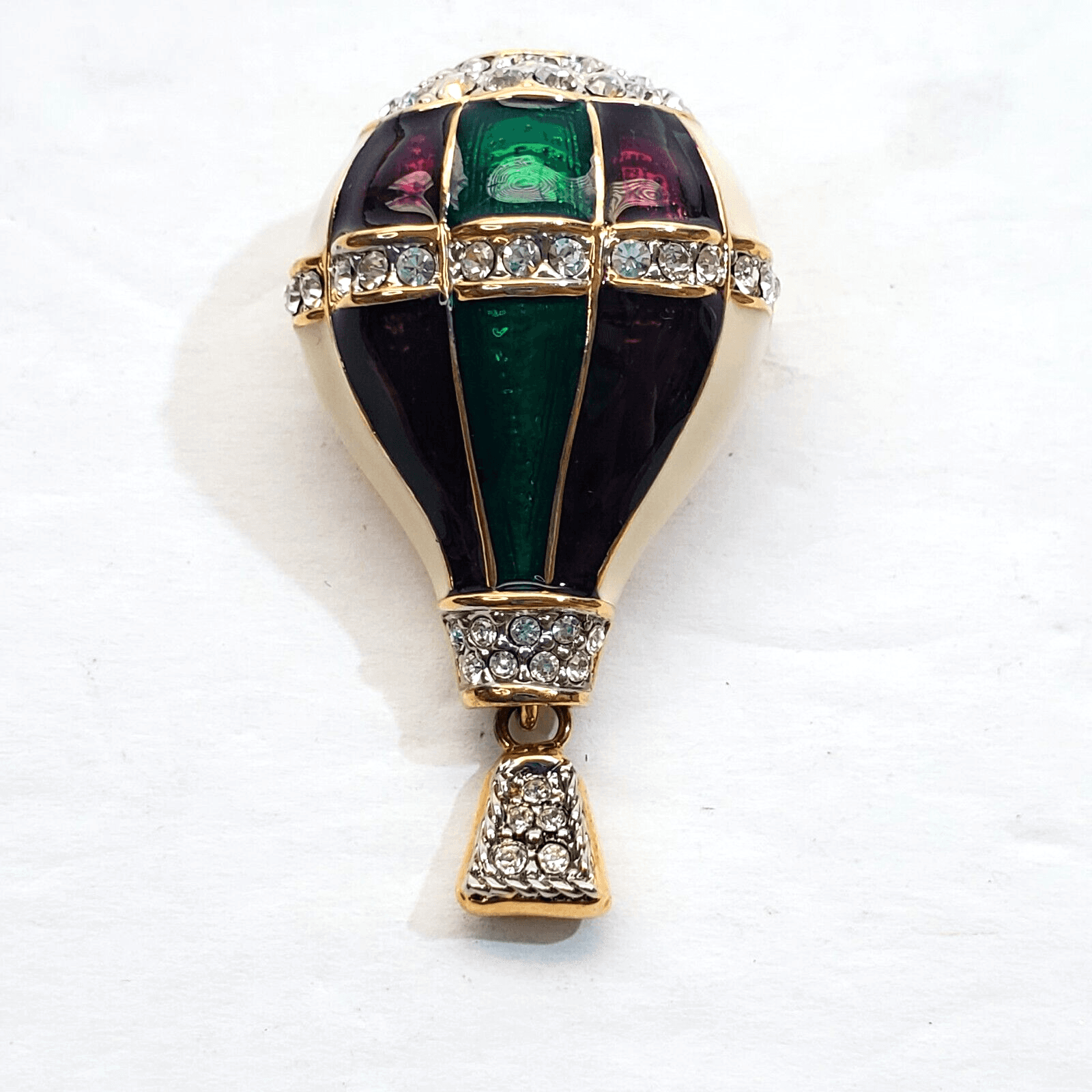 Vintage Gold Tone Metal Enamel Clear Rhinestones Hot Air Balloon Brooch Pin