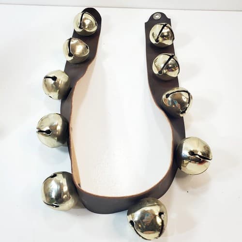 Hanging 29 inch Sleigh Bell Faux Leather Strap with 10 Gold Tone Bells