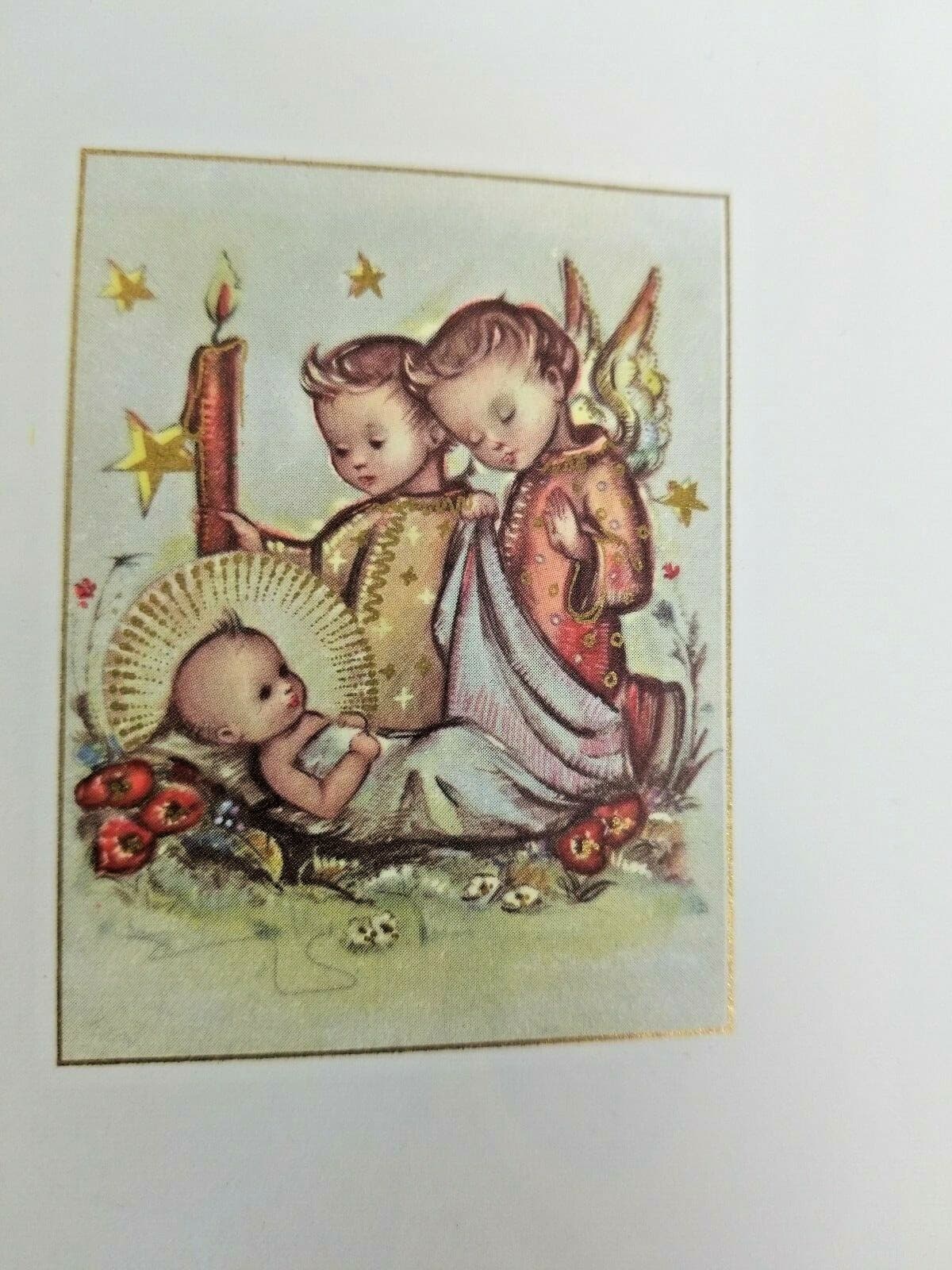Vintage Christmas Card Angel Lighting Candle Praying over Baby Jesus - Thumbnail 3