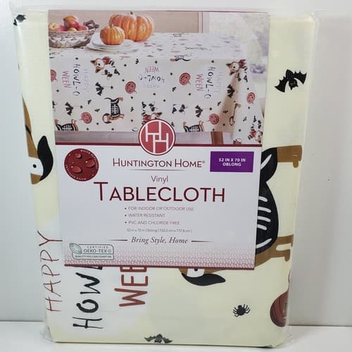 Huntington Home Halloween Black Cream Orange Dog Bats 52" x 70" Vinyl Tablecloth