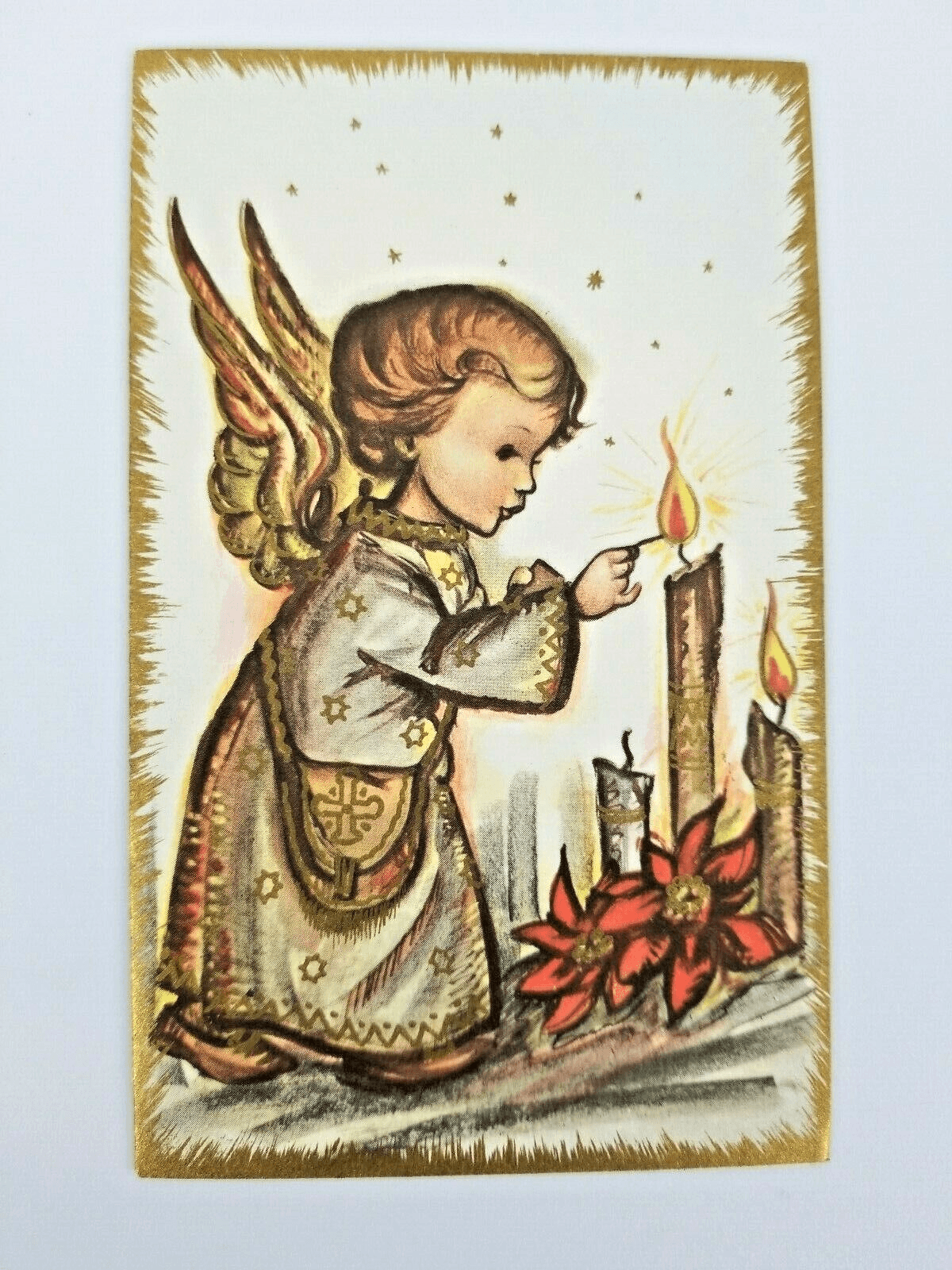 Vintage Christmas Card Angel Lighting Candle Praying over Baby Jesus