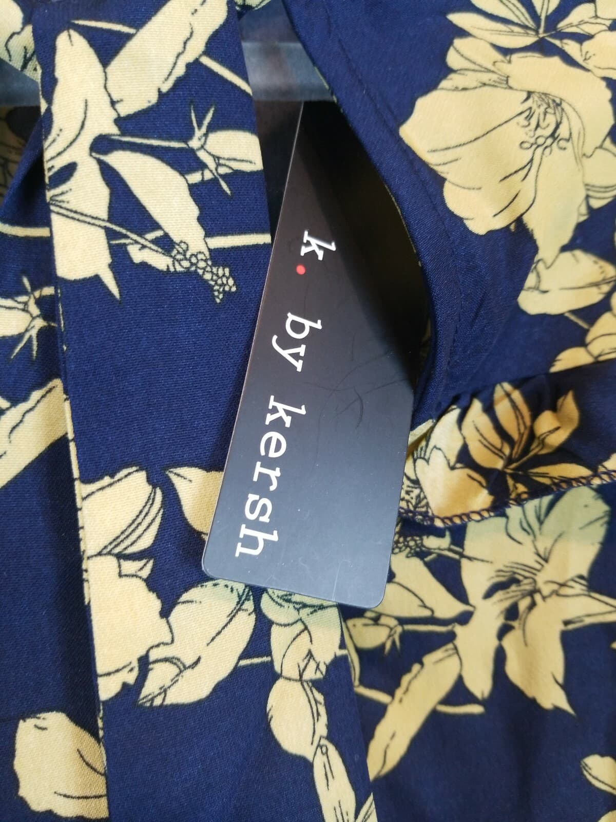 K. by Kersh Navy Gold Floral Blouse Sz L Ruffle Sleeve Tie Neck Poet Sleeve NWT - Thumbnail 4