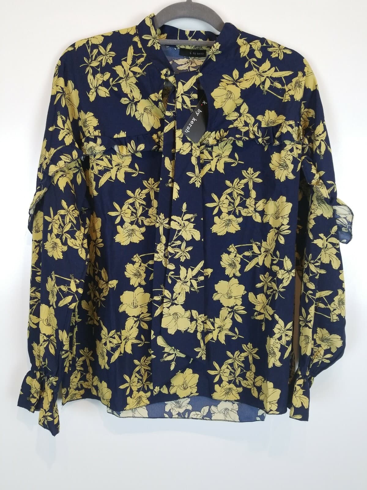 K. by Kersh Navy Gold Floral Blouse Sz L Ruffle Sleeve Tie Neck Poet Sleeve NWT - Thumbnail 2